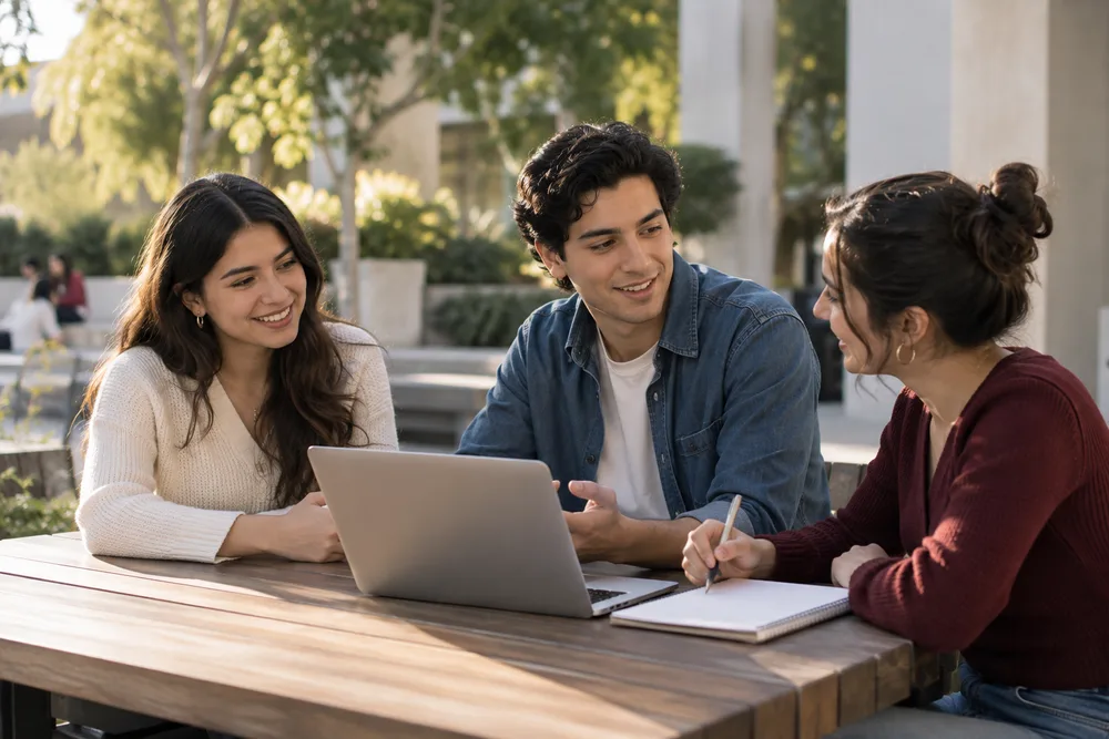 Escena ilustrativa de tres estudiantes colaborando alrededor de una computadora